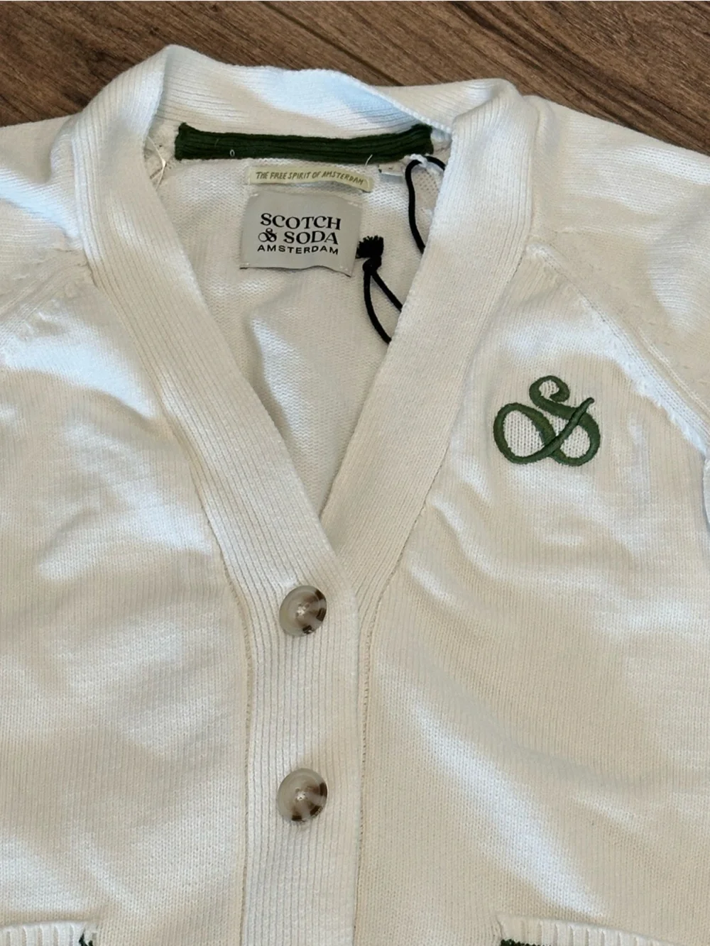 New! Scotch & Soda Amsterdam White Cardigan with Green Trim Small - Picture 5 of 11